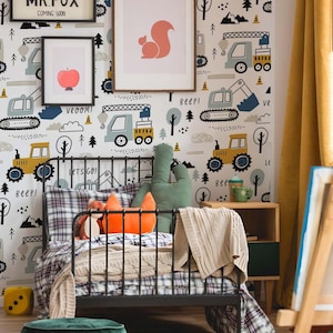 Construction Vehicles Kids Wallpaper – Fun Boys Room Wall Mural with Trucks, Diggers & Cranes Wall Mural Truck, Wall Murals Boy&#39;s Room