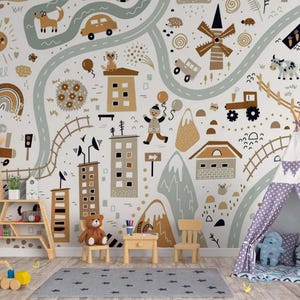 Avontuurkaart kinderbehang, speelse muurmuurschildering, dieren en voertuigen voor speelkamer of kinderkamerinrichting, verwijderbare Peel-and-Stick-muurschildering