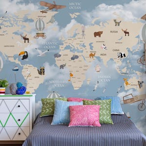 Kids World Map Wall Mural – Political Map Wallpaper with Animals & Hot Air Balloons – Nursery Wall Décor – 2 Color Options