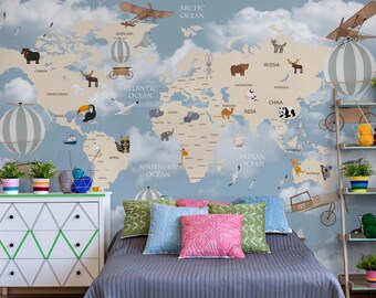 Mural infantil de mapa del mundo: Animales y globos aerostáticos, decoración infantil