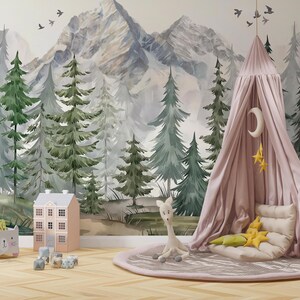 Watercolor Pine Forest Wallpaper Mural – Peel and Stick Nursery Decor