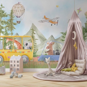 Woodland Animal Road Trip Wallpaper –Watercolor Forest Adventure Mural for Nursery or Kids Room – Kids Room Wallpaper