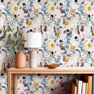 Whimsical Meadow Floral Wallpaper, Colorful floral peel and stick wallpaper, bright garden flowers, soft floral wallpaper