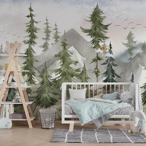 Kids Forest Wallpaper, Nursery Pine Tree Wallpaper, Child Mountain Wallpaper, Self Adhesive Nursery Wall Art,