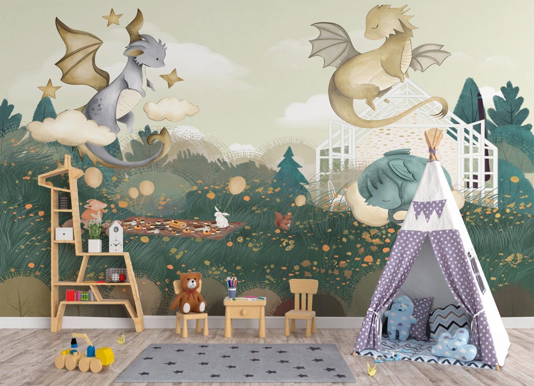 Dragon Kids Wallpaper – Sage Green Forest Nursery Mural, Custom Size - Etsy