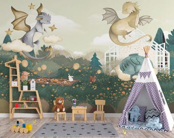 Dragon Kids Wallpaper – Sage Green Forest Nursery Mural, Custom Size