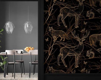 Behang hertenbos - Muurkunst wilde dieren en natuur - Dark Peel and Stick Lodge Decor