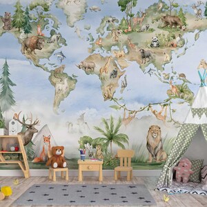 May include: A whimsical children's room scene featuring a world map mural with various animals. Includes a wooden shelf, teepee, and a height chart. A teddy bear sits on a small chair, and a wooden toy car is on the floor.
