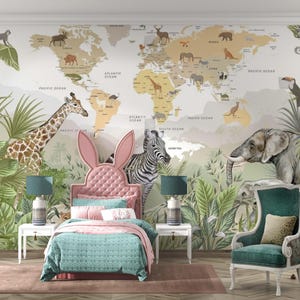 Carta da parati con mappa del mondo animale per cameretta dei bambini - Carta da parati educativa con safari nella giungla per la cameretta dei bambini, rimovibile e adesiva