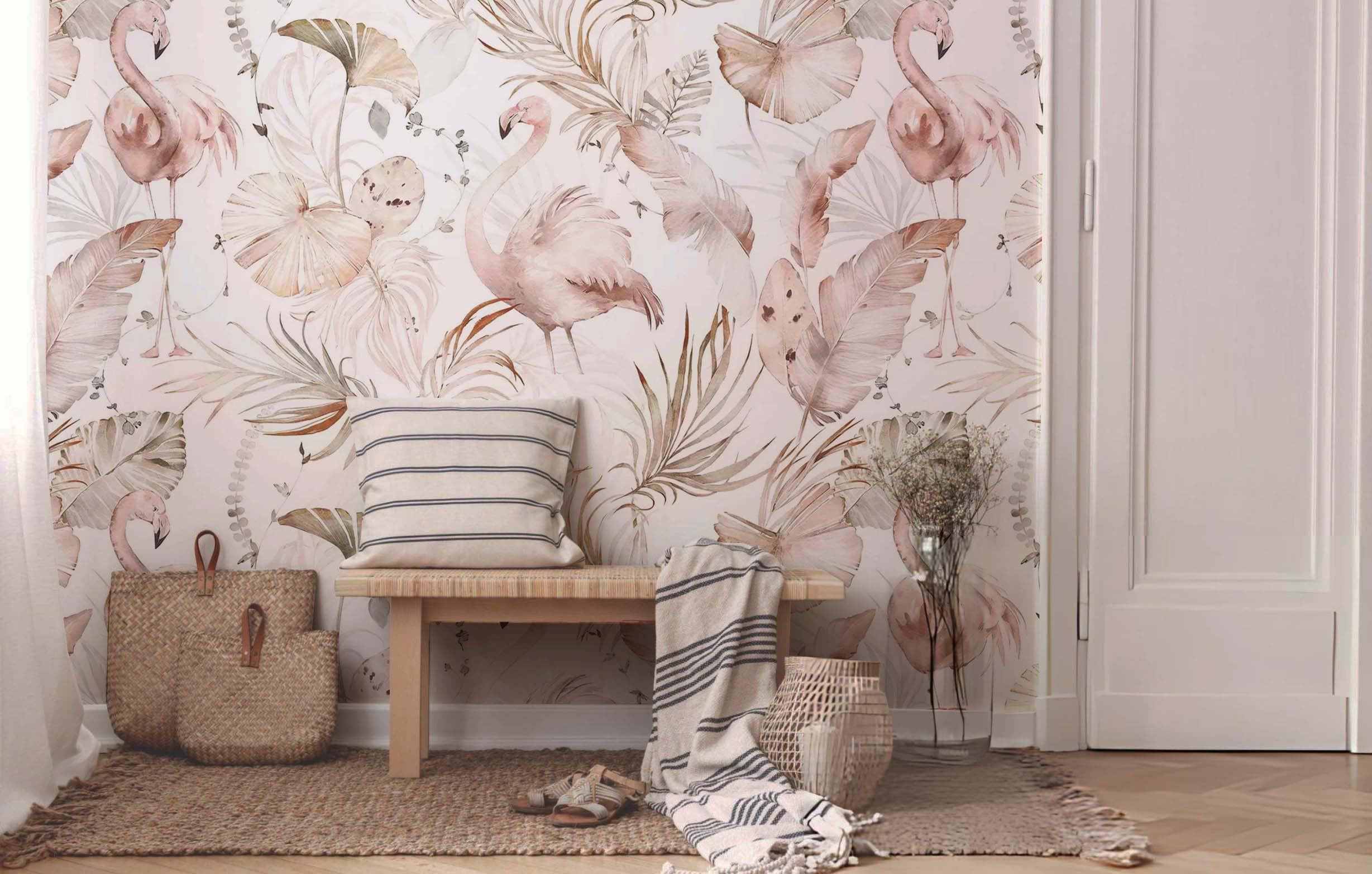 Zachte flamingokunst met boho tropisch blad behang muurschildering, muurschildering, verwijderbaar, zelfklevend peel and stick