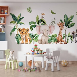 Safari Animals Among Banana Trees For Kids Room, Lion Jungle Elephant Giraffe and zebra Wall Stickers, Animals Wall Decal