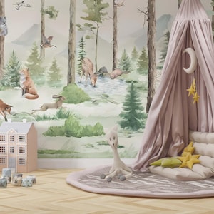 Carta da parati con animali della foresta incantata - Carta da parati murale dipinta a mano con animali selvatici per cameretta o cameretta per bambini