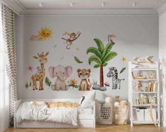 Vinilo decorativo de animales de la selva: decoración infantil de safari, pegatina de palmera