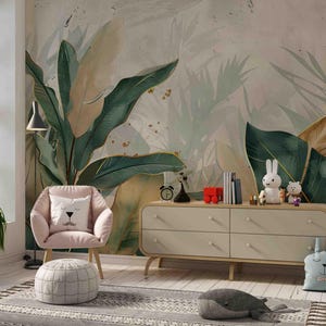 Carta da parati rimovibile tropicale, carta da parati con foglie di banano acquerellate, carta da parati moderna, carta da parati staccabile e adesiva, murale da parete
