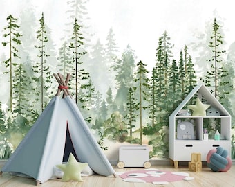 Watercolor Pine Tree Wall Mural, Enchanted Forest Peel and Stick Decal