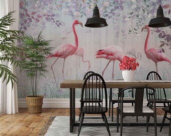 Watercolor Flamingo Wallpaper Mural: Pink Jungle Peel and Stick