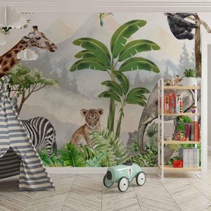 Carta da parati con animali da safari nella giungla, murale per la stanza dei bambini, parete staccabile e adesiva, arte facilmente rimovibile, carta da parati per bambini con animali da safari,