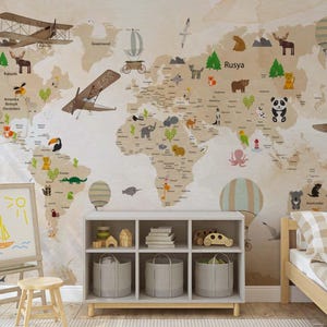 Weltkarte Wandbild für Kinder - Politische Karte mit Tieren & Heißluftballons - Kinderzimmer Wanddeko - 2 Farboptionen