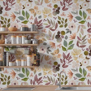 Vintage Botanical Floral Wallpaper – Peel and Stick Wildflower Mural for Kitchen or Living Room