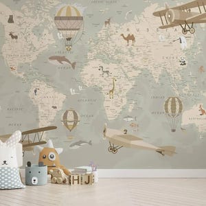 Kinder Wandbild Politische Weltkarte Wandbilder Heißluftballon Tiere Wandabdeckung Kinderzimmer
