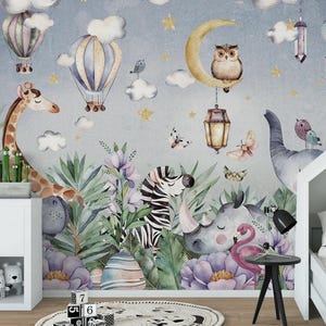 Carta da parati con animali da safari nella giungla, murale per la stanza dei bambini, parete staccabile e adesiva, arte facilmente rimovibile, carta da parati per bambini con animali da safari,