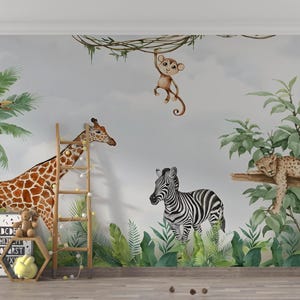 Papier peint animaux de la jungle, papier peint autocollant, papier peint amovible pour chambre de bébé, papier peint chambre d'enfants animaux de safari