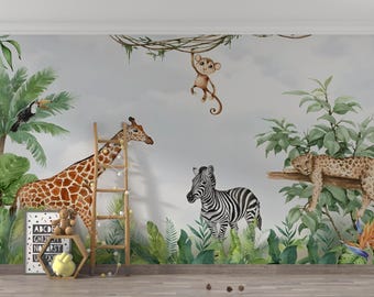 Carta da parati murale con animali della giungla: decorazione per cameretta dei bambini con tema safari e staccabile