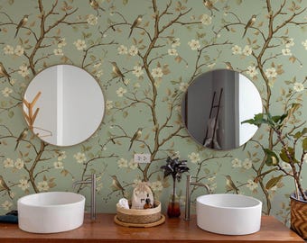 Vintage behangmuurschildering vogels en bloesem: saliegroen Peel and Stick