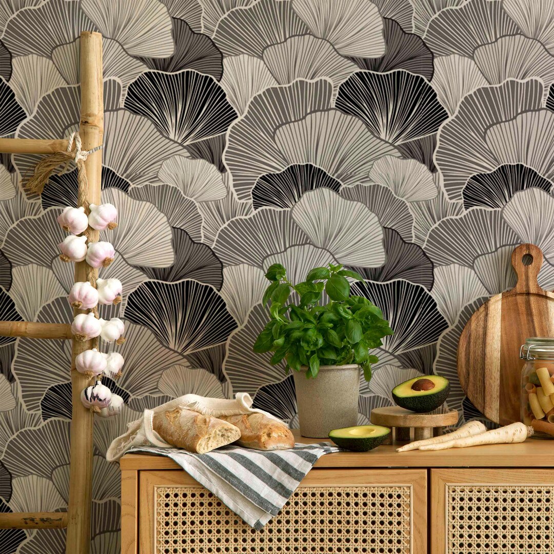 Modern Botanical Wallpaper - Black and White Peel and Stick Wall Mural ...