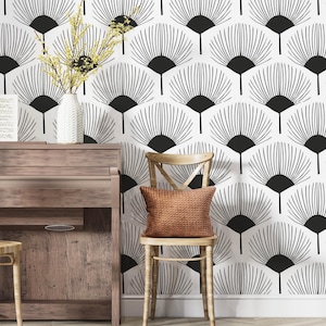 Carta da parati Art Déco ad arco in bianco e nero, motivo geometrico a ventaglio, carta da parati Art Déco in pasta scura, carta da parati geometrica rimovibile