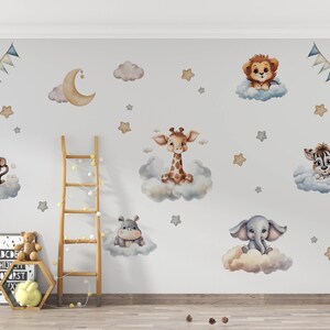 Adesivi murali con simpatici animali, adesivi murali con animali addormentati, nuvole, luna e stelle, adesivi murali con animali della foresta del bosco, decorazioni per la cameretta dei bambini