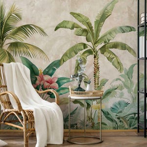 Tropical Jungle Wall Mural – Peel and Stick Tropical Wall Mural – Eco-Friendly Vintage Jungle Wallpaper with Palm Trees & Florals