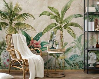 Mural de pared de palmeras tropicales: papel pintado vintage autoadhesivo