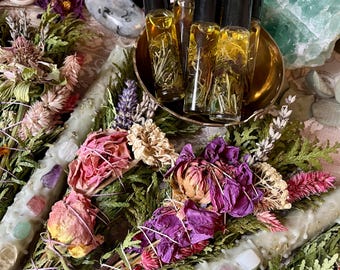 Ostara Blessings Box | Spring Equinox Ritual Kit | Ostara Ritual Candle, Abundance Oil- Sacred Elixir and Homegrown Floral Bundle