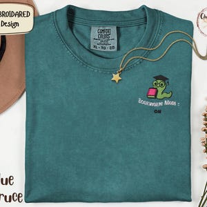 Bookworm Embroidered Tee,  Cute Comfort Colors Shirt for Book Lovers, Bookish Gifts