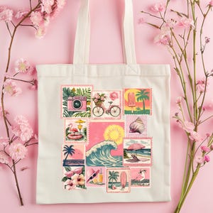 Sac fourre-tout rétro de carte postale de plage, esthétique de timbre d'été, sac de vacances en toile, cadeau de voyage vintage
