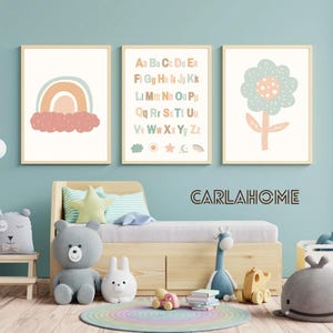 Set of 3 Baby Posters to Download – Alphabet, Rainbow, Flower | Pastel Kids Room Decor | Printable Educational Wall Art