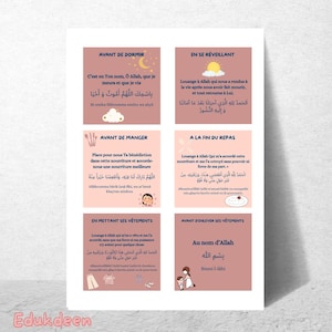 Könnte beinhalten: Ein Satz von sechs Karten mit Gebeten auf Arabisch und Französisch. Jede Karte enthält ein anderes Gebet für verschiedene Zeiten, wie vor dem Schlafengehen, nach dem Aufwachen, vor dem Essen und nach einer Mahlzeit. Die Karten haben einen rosa Hintergrund.