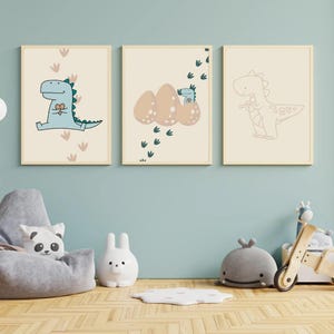 Pastel dinosaur poster for children's room - Decorative wall poster for baby boy or girl - Soft dinosaur animal illustration