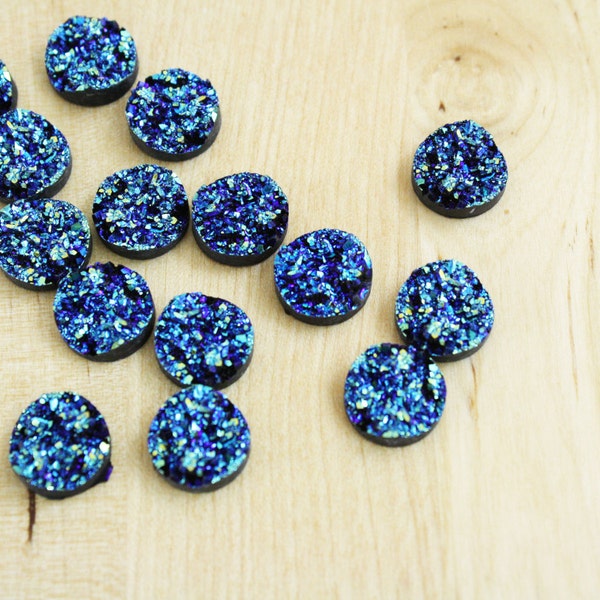 10 Druzy Drusy Round Cabochons Resin Quartz Imitation Peacock Blue 12mm [CAB7133]