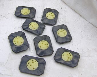 Vintage Glass Cabochons, Asian Flower Cabochons, Vintage Czechoslovakia Jewelry Supplies, Yellow and Black Glass