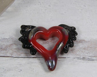 Lampwork Glass Winged Heart Focal Bead Pendant, Black Red Handmade Pendant