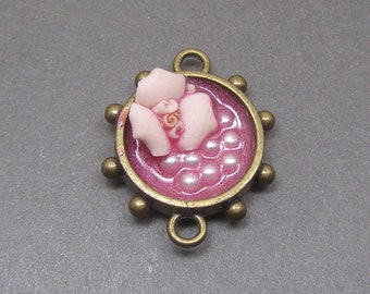 Pink Porcelain Rose Flower Jewelry Connector, Resin Faux Pearl Finding Pendant Vintage Style