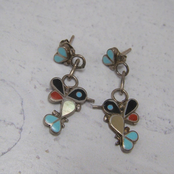 Vintage Sterling Silver Native American Dangle Earrings, Zuni Hummingbird Inlay Earrings, Turquoise Mother of Pearl Onyx