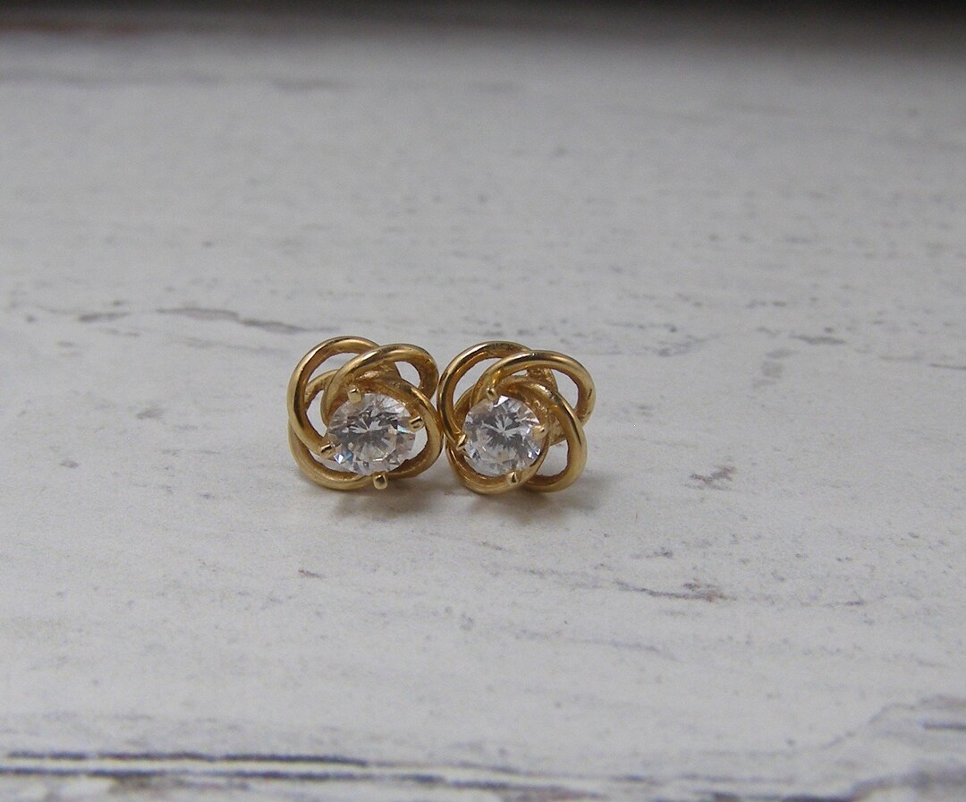 14K Yellow Gold Love Knot Earrings Clear CZ Studs Vintage