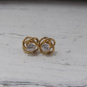 14K Yellow Gold Love Knot Earrings Clear CZ Studs Vintage Jewelry