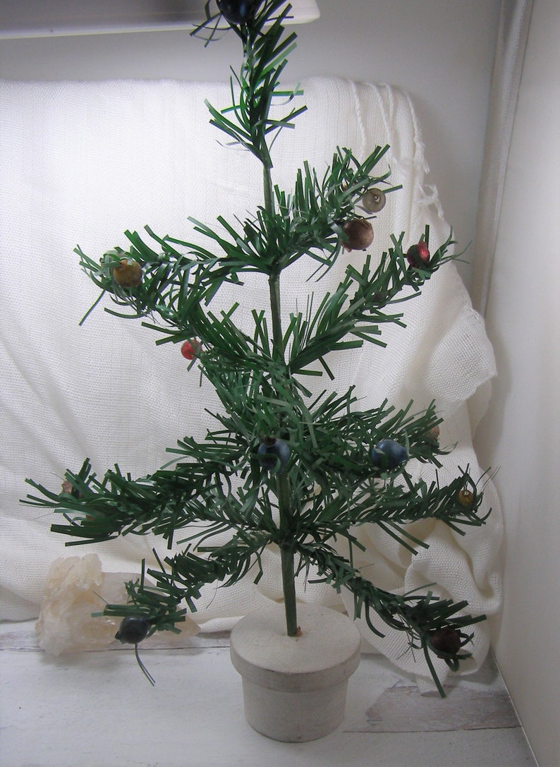 Vintage German Style Feather Tree Wood Base Wooden with Berries Berry Ornaments Christmas Tree