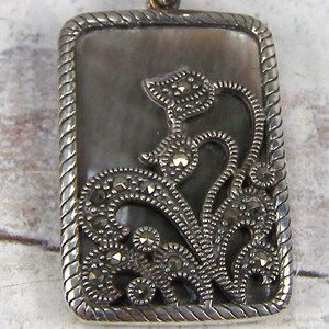 Sterling Silver Marcasite Bell Flower Mother Pearl Abalone Shell Layered Pendant Vintage