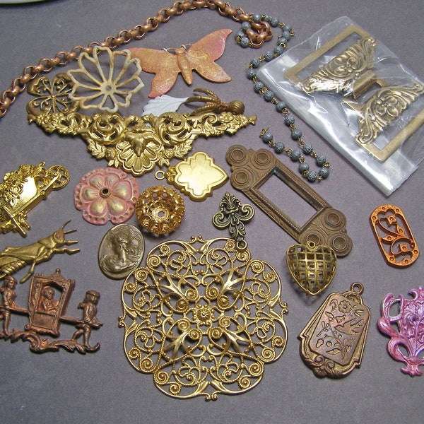 Vintage Brass Stampings Destash Lot - Brass Filigree Rolo Chain - Unique Jewelry Supplies and Findings