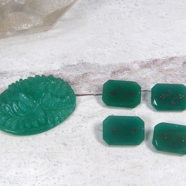 Vintage Jade Green Glass Cabochons for Jewelry Making Repair 40x30mm Oval Molded Flower 18 x13mm Hexagon Silver Floral